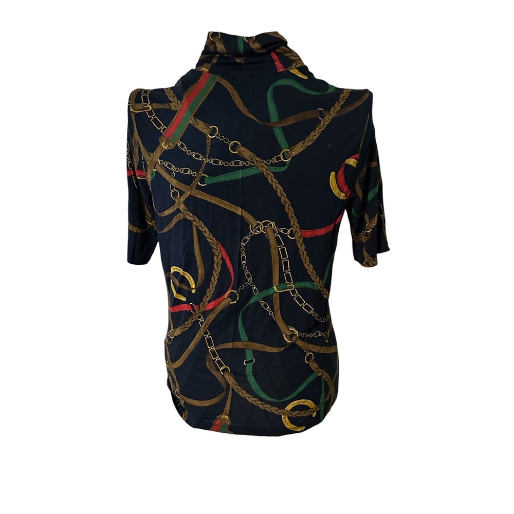 Lauren Ralph Lauren Navy Equestrian Chain Print Mock Neck Short Sleeve Top
